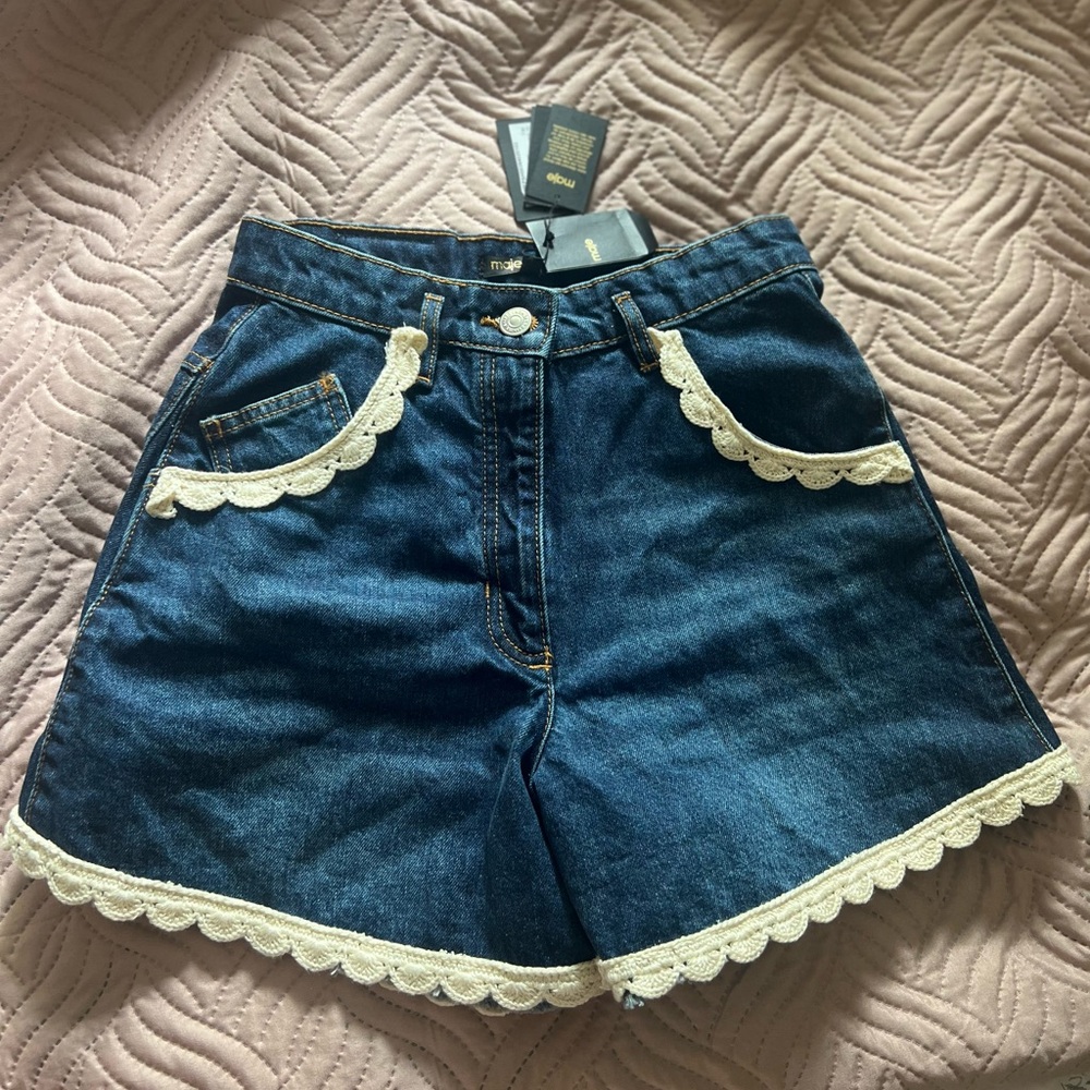 Maje Crochet-Trimmed Denim Shorts